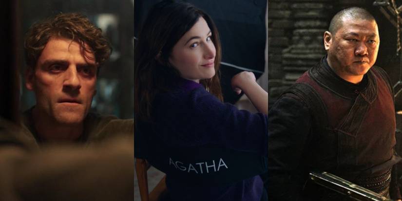 A split image depicts Moon Knight, Agatha Harkness, and Wong in the MCU