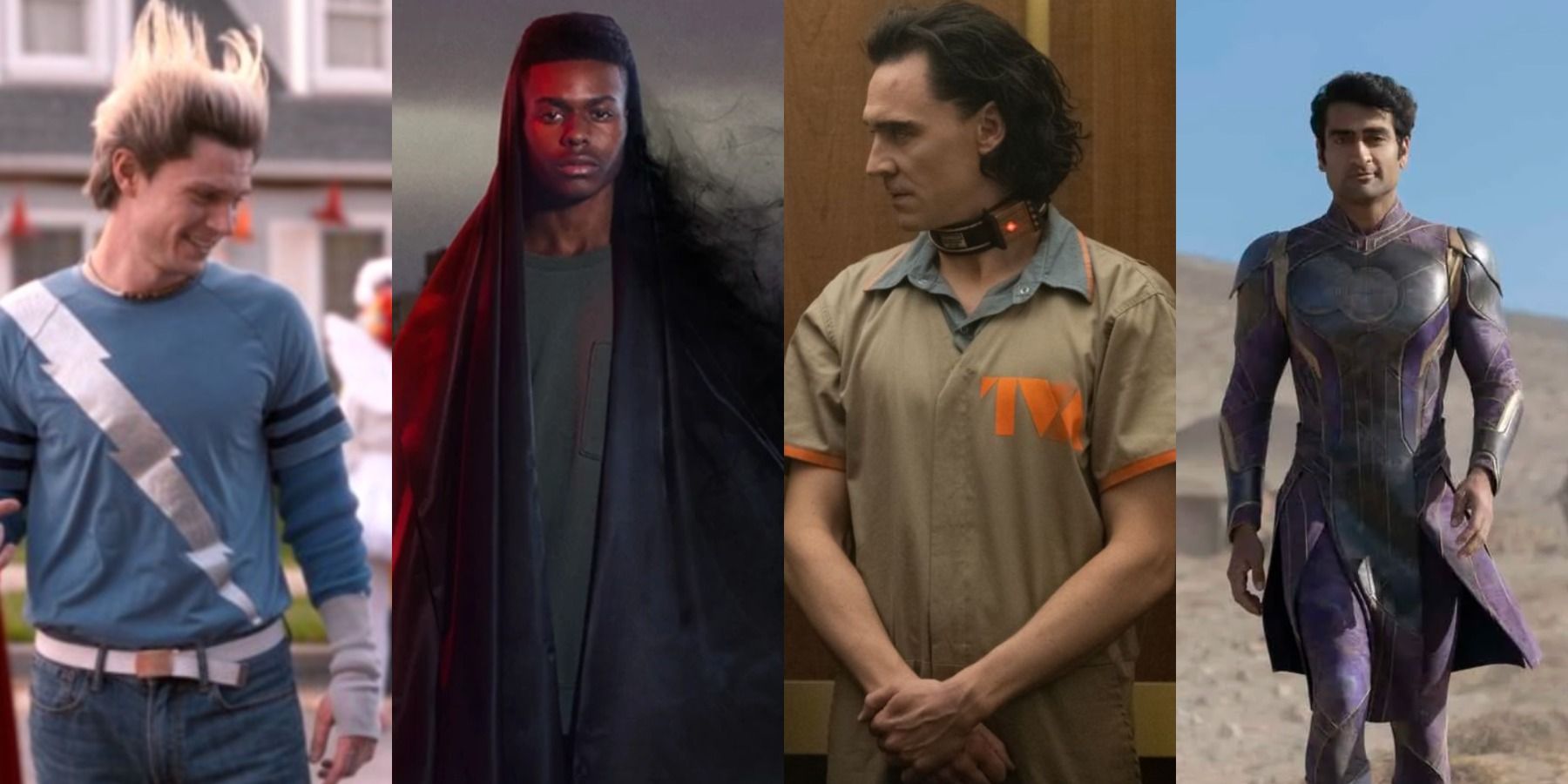 A split image depicts fake Pietro in WandaVision, Ty in Cloak and Dagger, Loki, and Kingo in Eternals