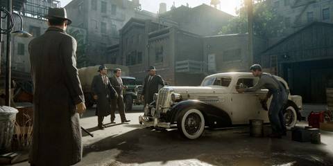 Characters standing around a white car