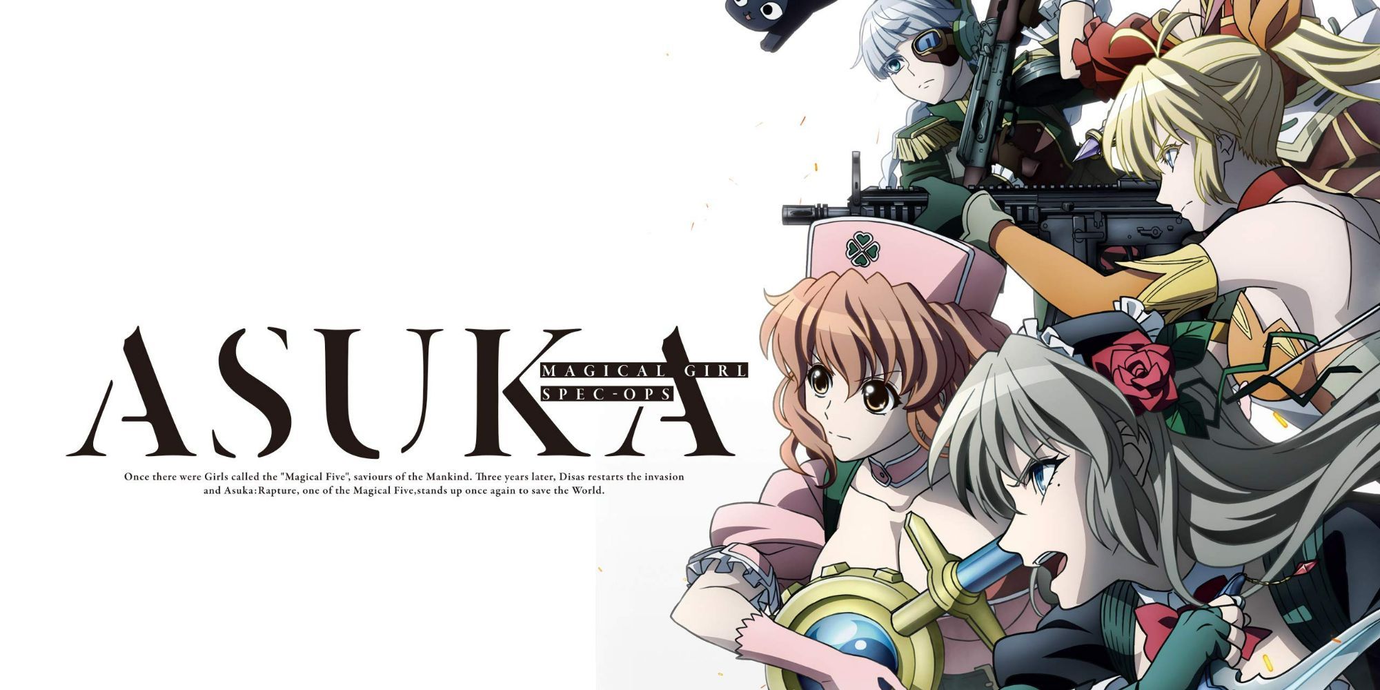 The title card for Magical Girl Spec-Ops Asuka, featuring the five lead characters