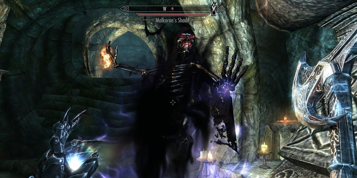 Player battles Malkoran's Shade in Skyrim