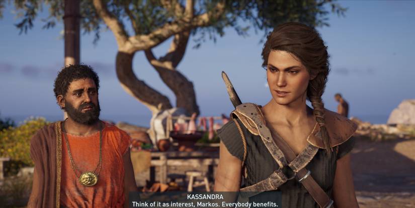 Markos and Kassandra talking in Assassin's Creed Odyssey