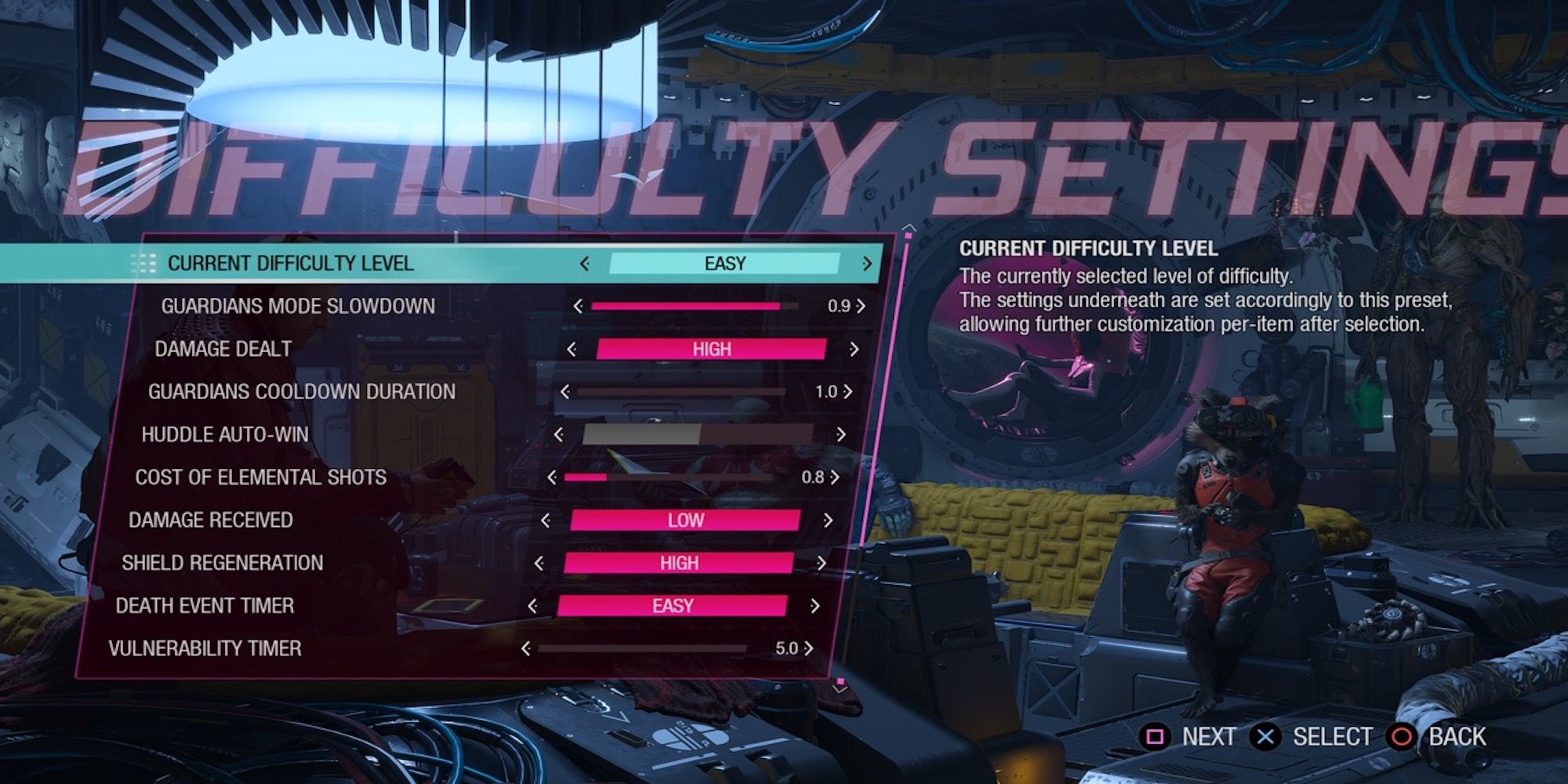 The difficulty options menu from Marvel’s Guardians of the Galaxy