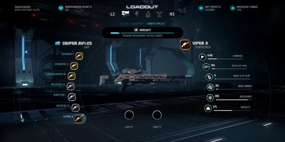 Mass Effect Andromeda's Viper Sniper Rifle selected in menu