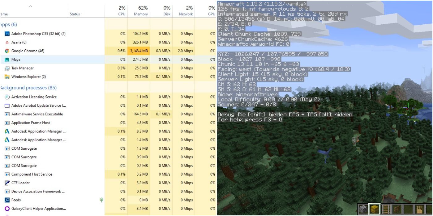Minecraft split image of task manager and debug Minecraft screen in woodlands overhead shot