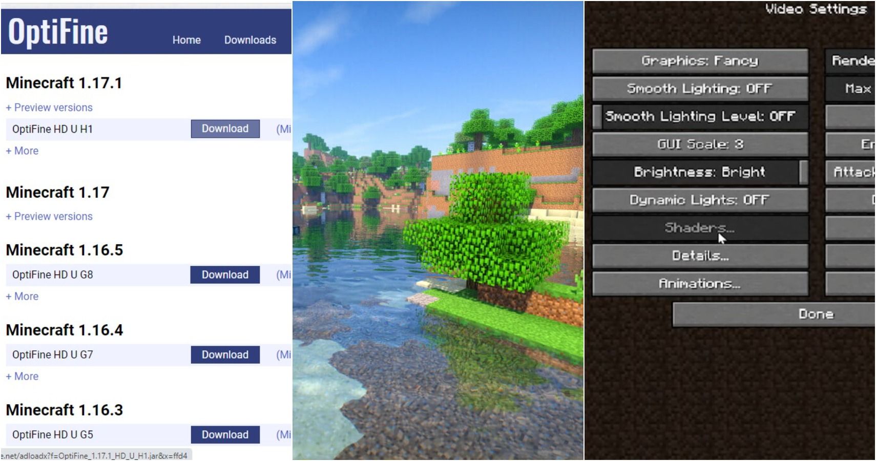 split image of OptiFine website, Minecraft wilderness, and video settings in Minecraft