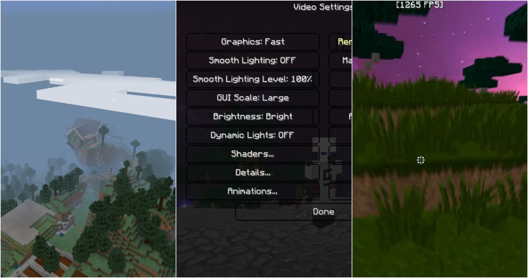 split image of cloudy overhead view in Minecraft, video settings, and twilight in grassy Minecraft field