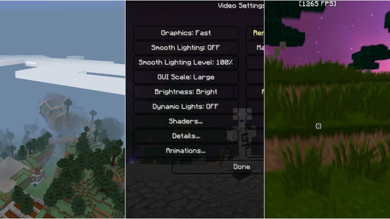 split image of cloudy overhead view in Minecraft, video settings, and twilight in grassy Minecraft field
