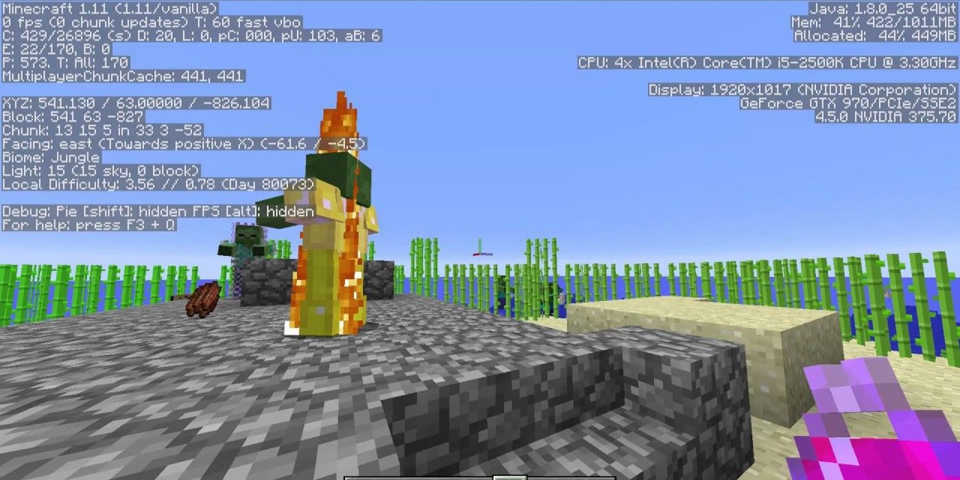 Minecraft overclock performance stats with player in sandy cobblestone platform