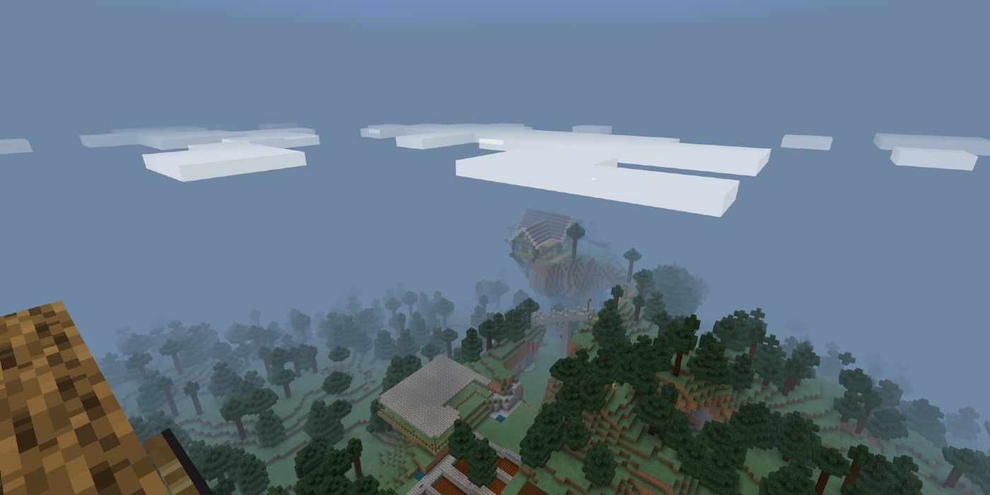 Minecraft overhead view in sky with clouds and fog