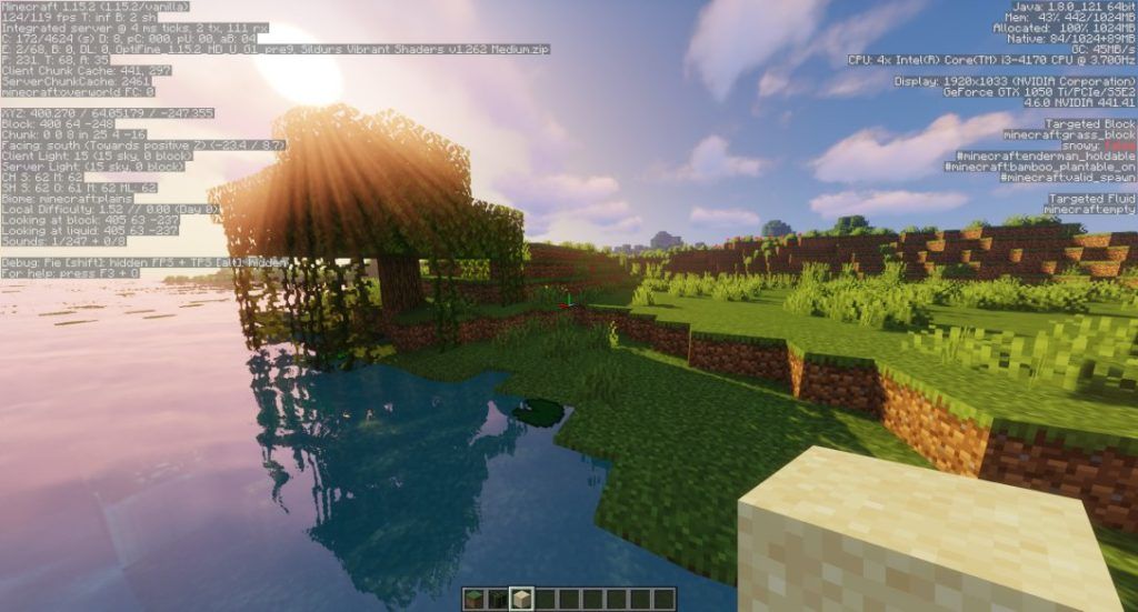 grassy plain with tree and sunset on water running with OptiFine in Minecraft