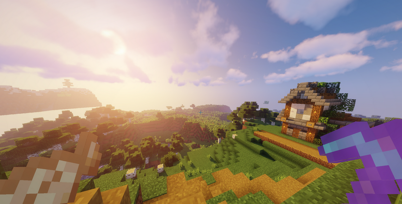 Minecraft view of wilderness, hut, and sunset running with OptiFine 2