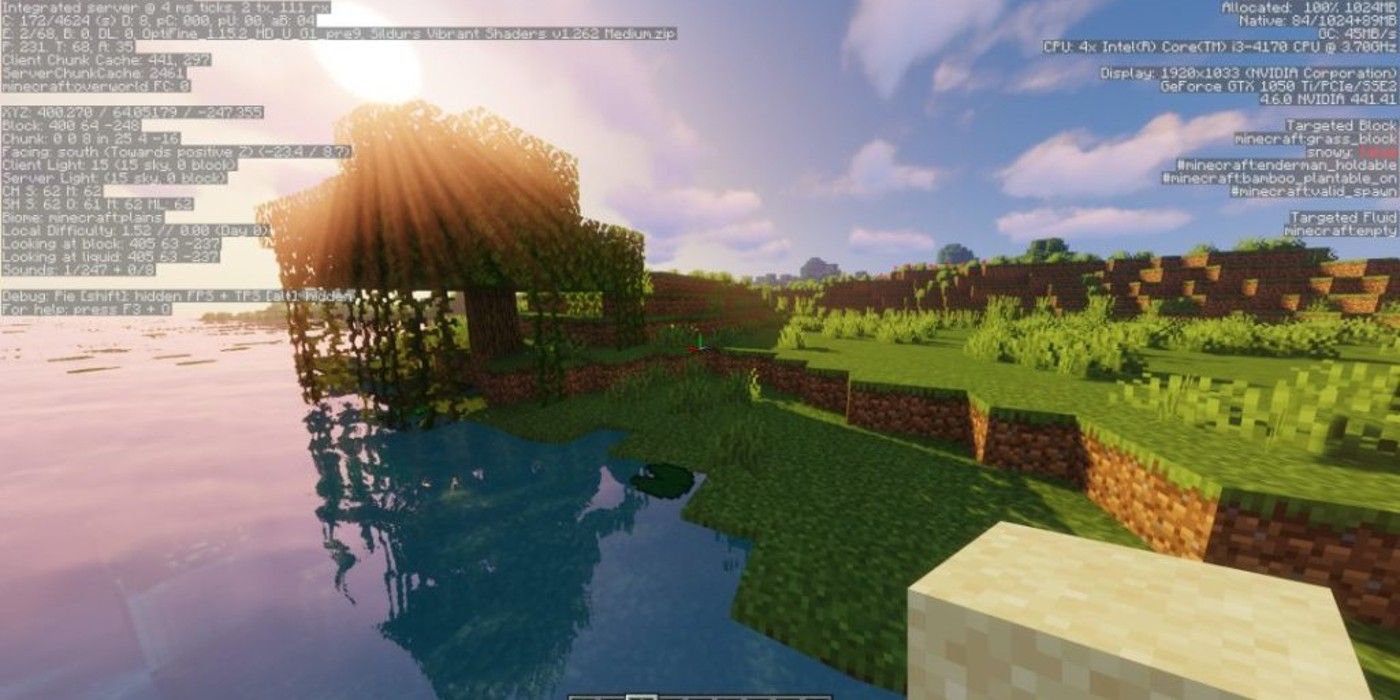 Minecraft running with OptiFine, grassy plain on water with sunset
