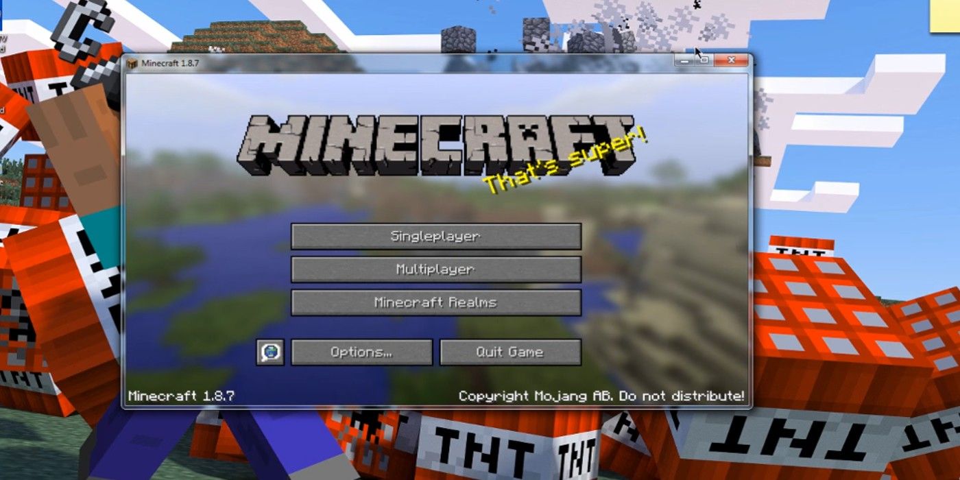 Minecraft small screen main menu on desktop with TNT Minecraft background