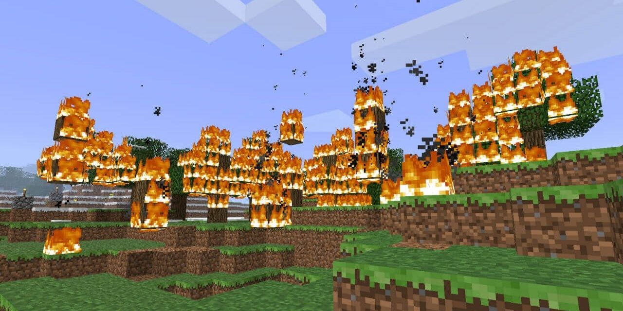 Fire burning down terrain in Minecraft