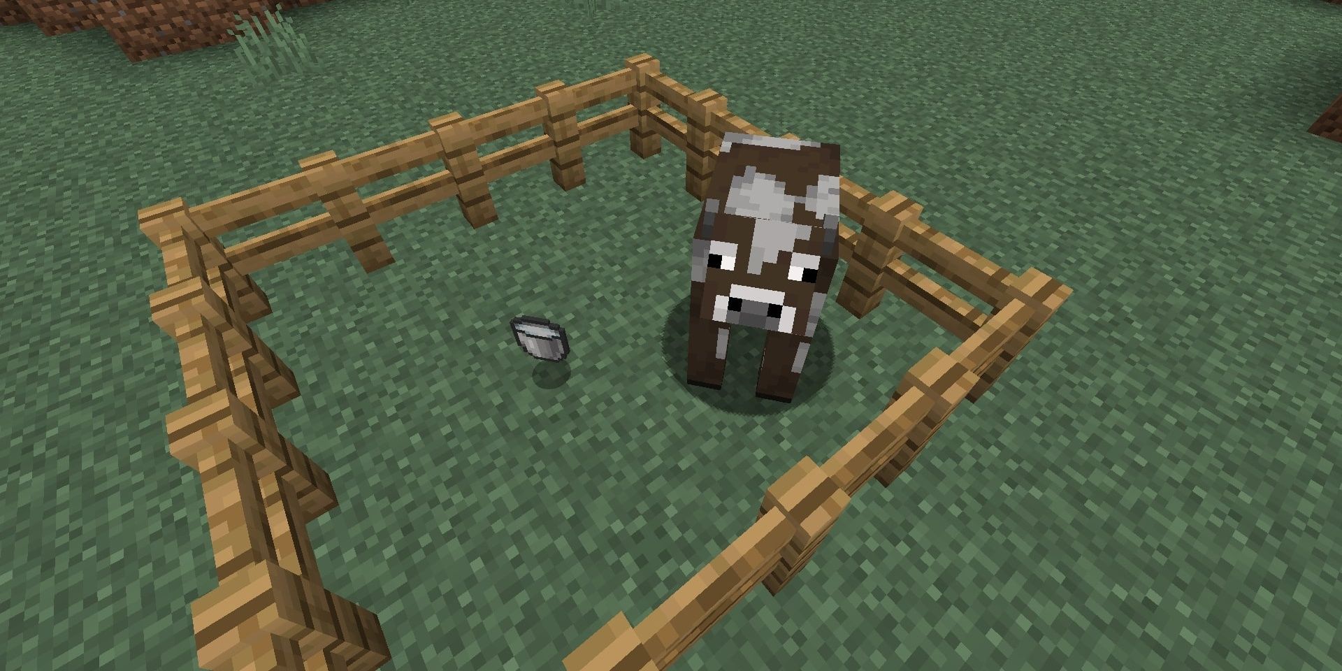 A bucket of milk and a cow in Minecraft