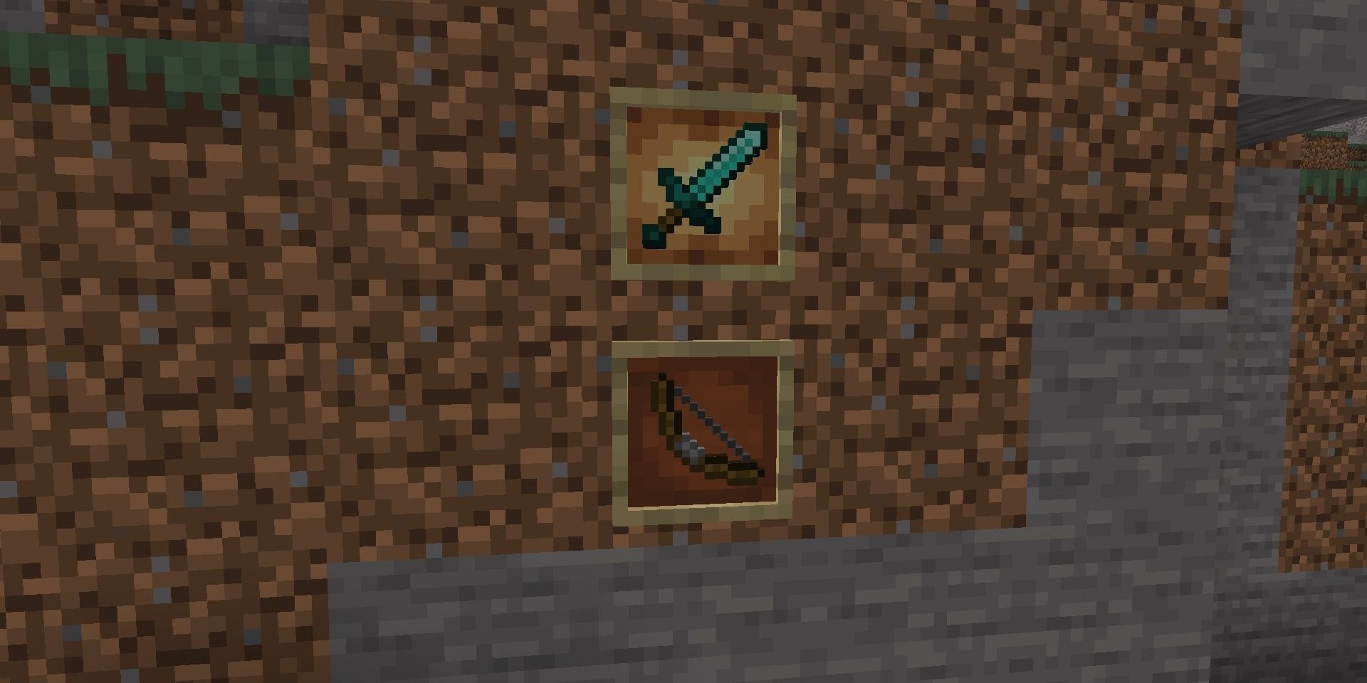 A diamond sword and bow in item frames in Minecraft