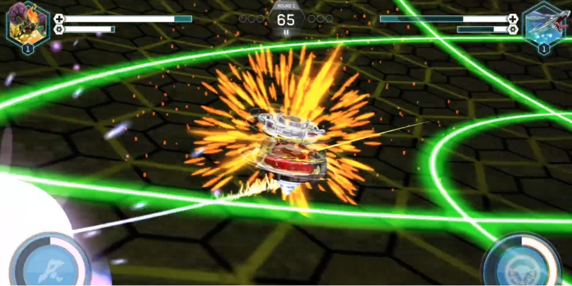 Mobile Anime Games - Player fights opponent inside the beystadium