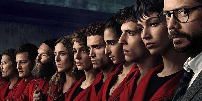 The Professor, Tokyo, Rio and others lined up in red jumpsuits