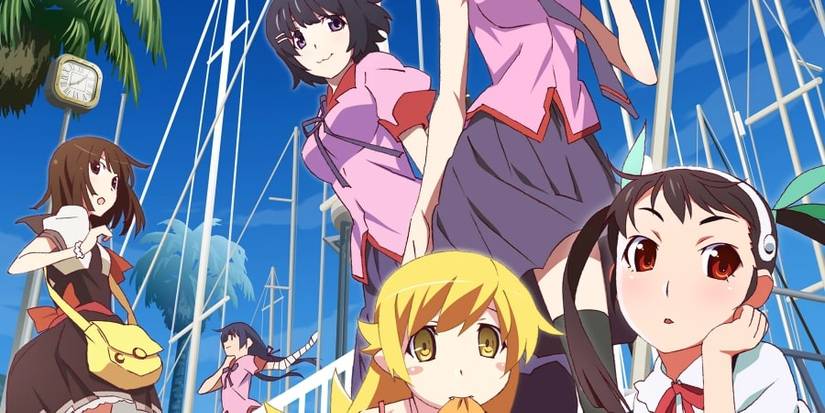 Monogatari Second Season promotional art featuring Tsubasa Hanekawa, Hitagi Senjogahara, Mayoi Hachikuji, Shinobu Oshino, Nadeko Sengoku, and Suruga Kanbaru