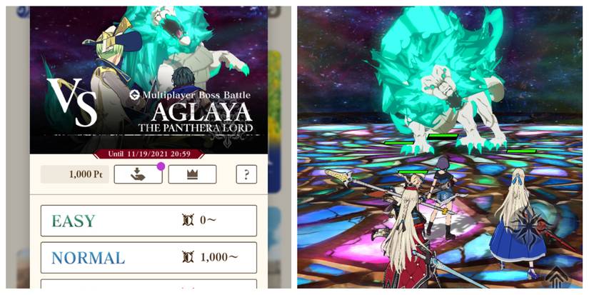 start screen with a spectral lion at the top and difficulty setting below; a group of characters and a large, green-tinted lion face off on a round, stained glass arena