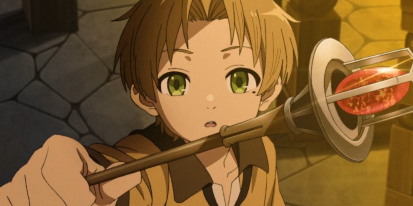 Mushoku Tensei Rudeus Greyrat holding up his new wand