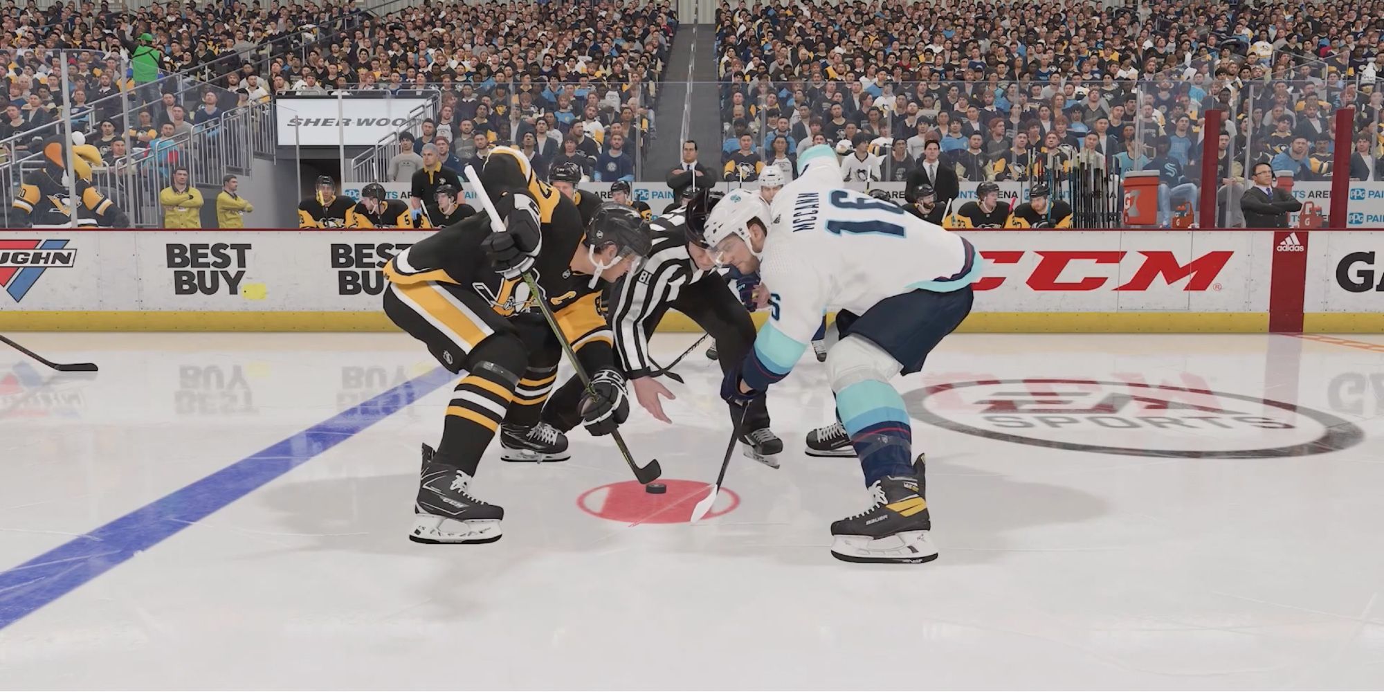 NHL 22 - Player uses Forehand to counter opponent during Face-off
