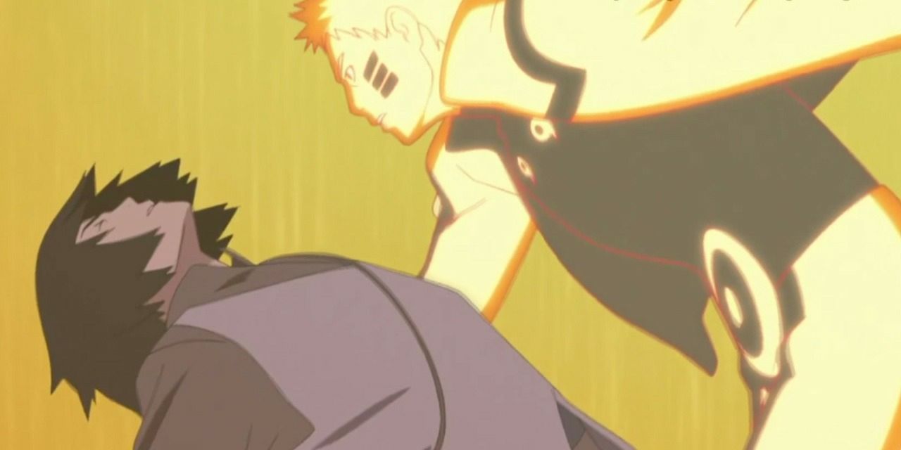 Naruto catches Sasuke in his arms