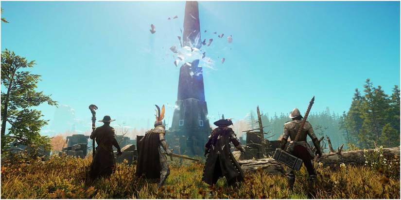 New World A Party Of Characters At A Shattered Obelisk