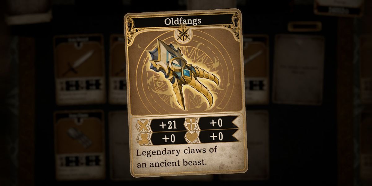 a card titled Oldfangs with a picture of an ornate gauntlet with silver and blue accents and sharp, golden claws coming out of the front