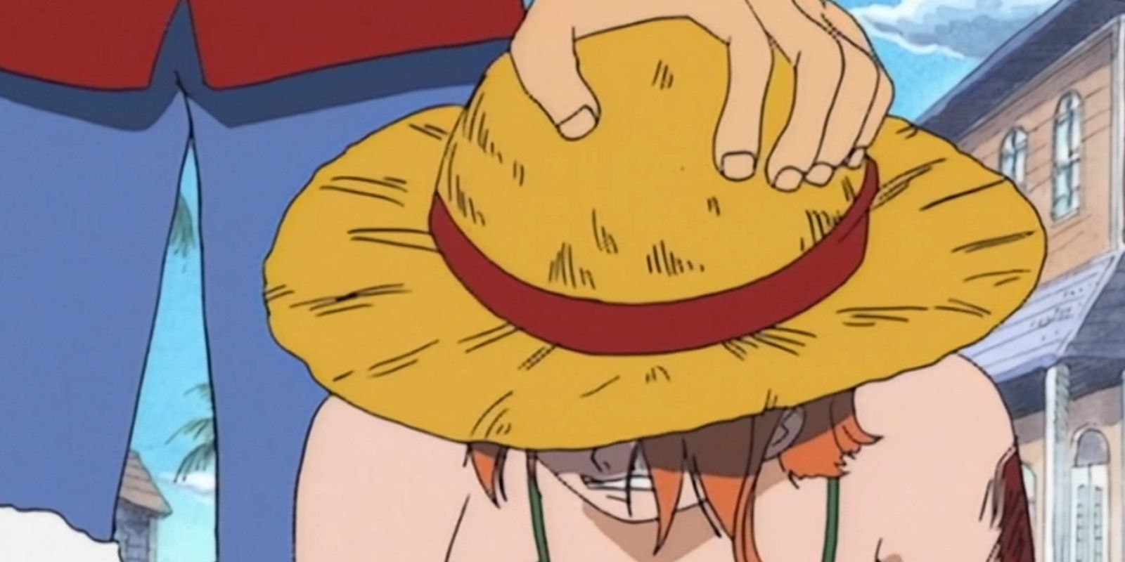 One Piece Luffy places his hat on Nami's head