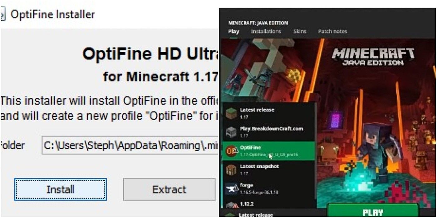 Split image of OptiFine for Minecraft installation windows