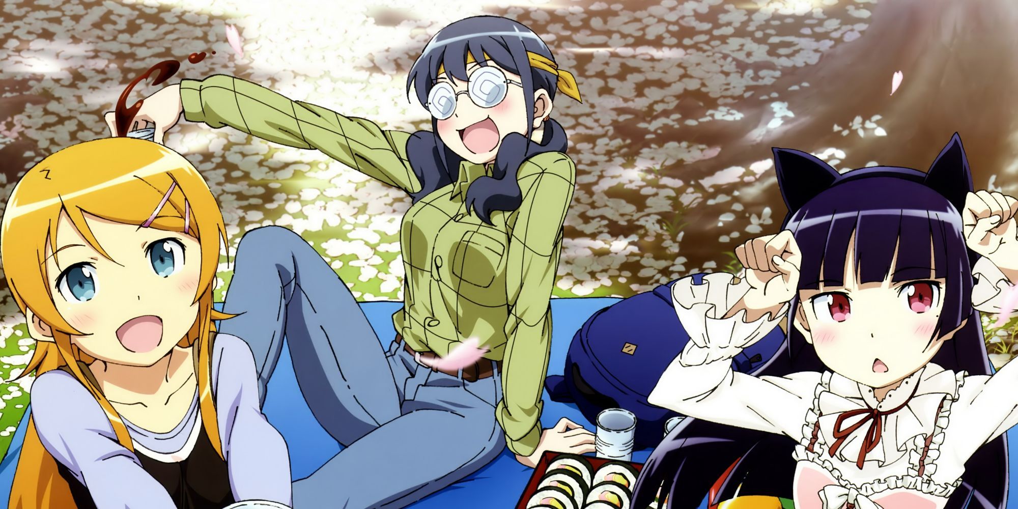 Three characters from Oreimo hanging out on a picnic blanket