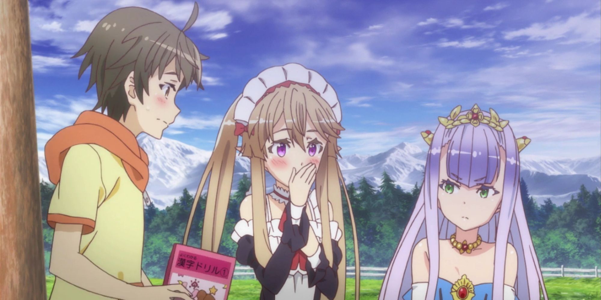 Three characters from Outbreak Company standing by a tree outside