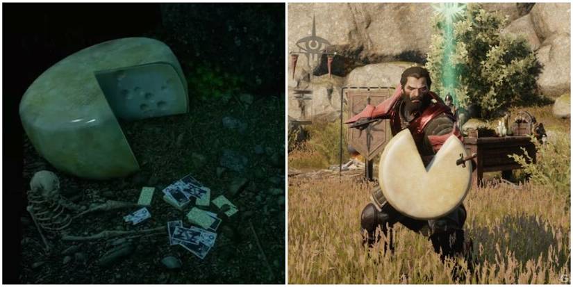 Split image of giant cheese and Blackwall with cheese shield. 