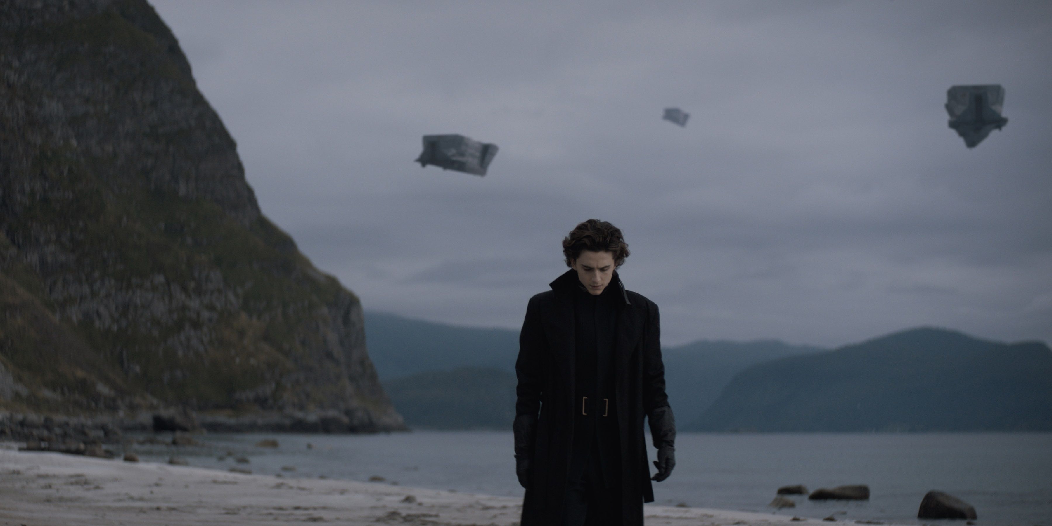 Paul Atreides with spaceships in the background in Dune