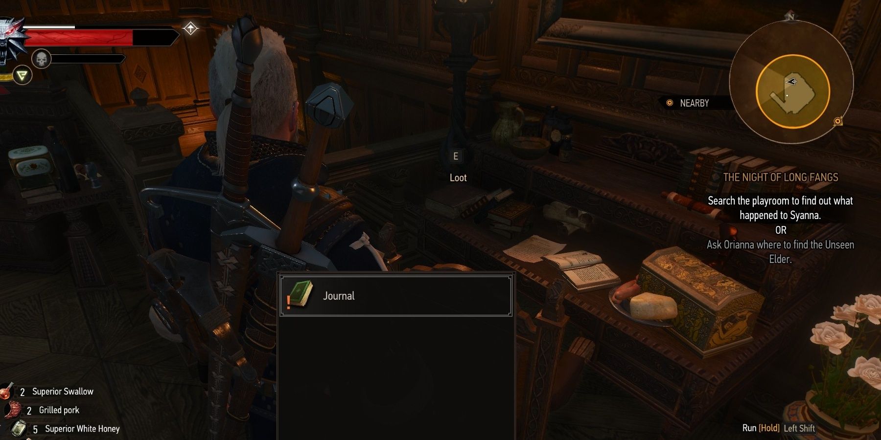 Playroom with the Journals selected in the loot menu in the Witcher 3