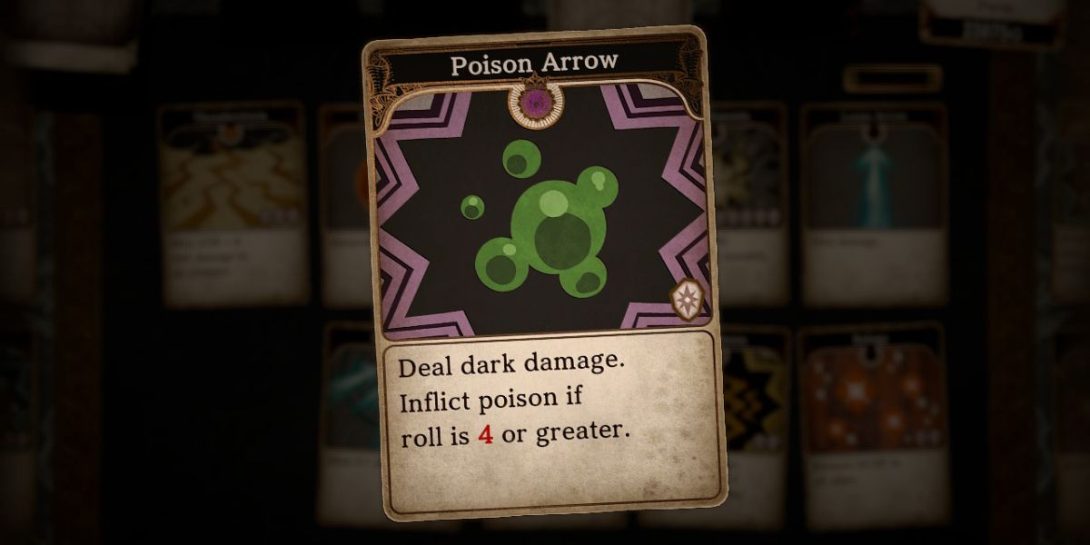 a playing card titled Poison Arrow with a picture of green bubbles in a purple frame 