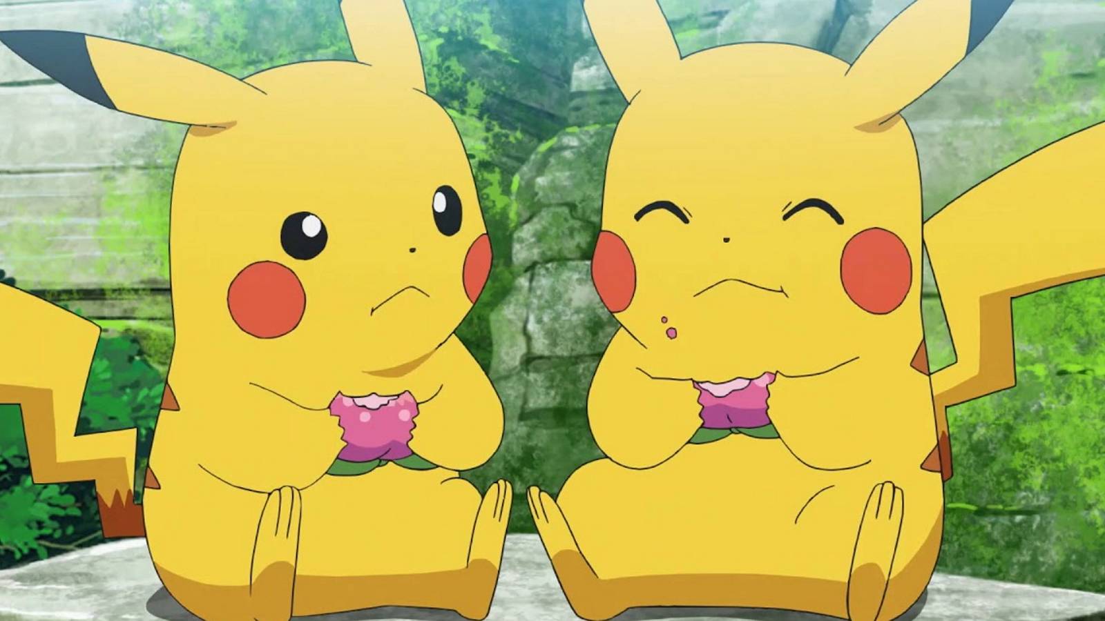 Pikachu eating berries in Pokemon