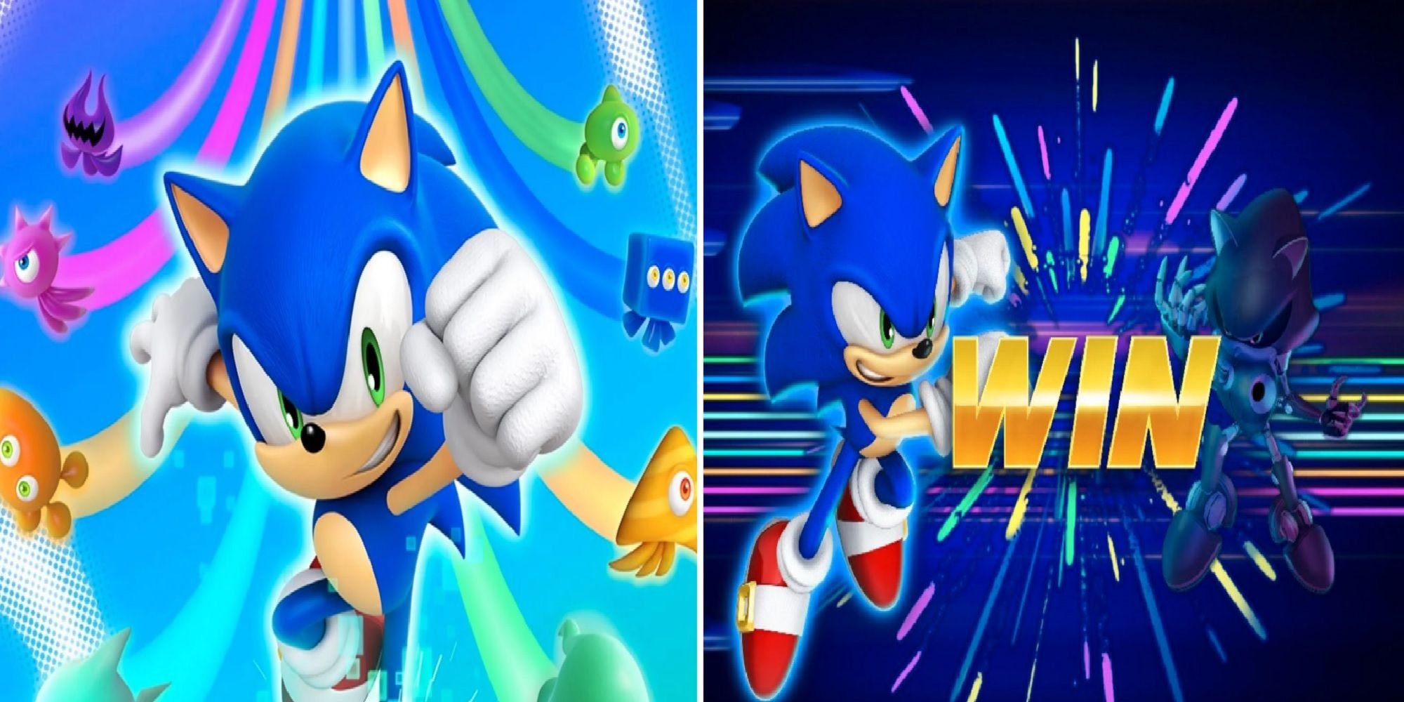 Split image Sonic Colors- Ultimate box art and victory screen Sonic defeats Metal Sonic in race