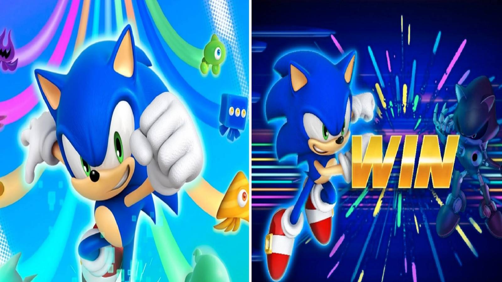 Split image Sonic Colors- Ultimate box art and victory screen Sonic defeats Metal Sonic in race
