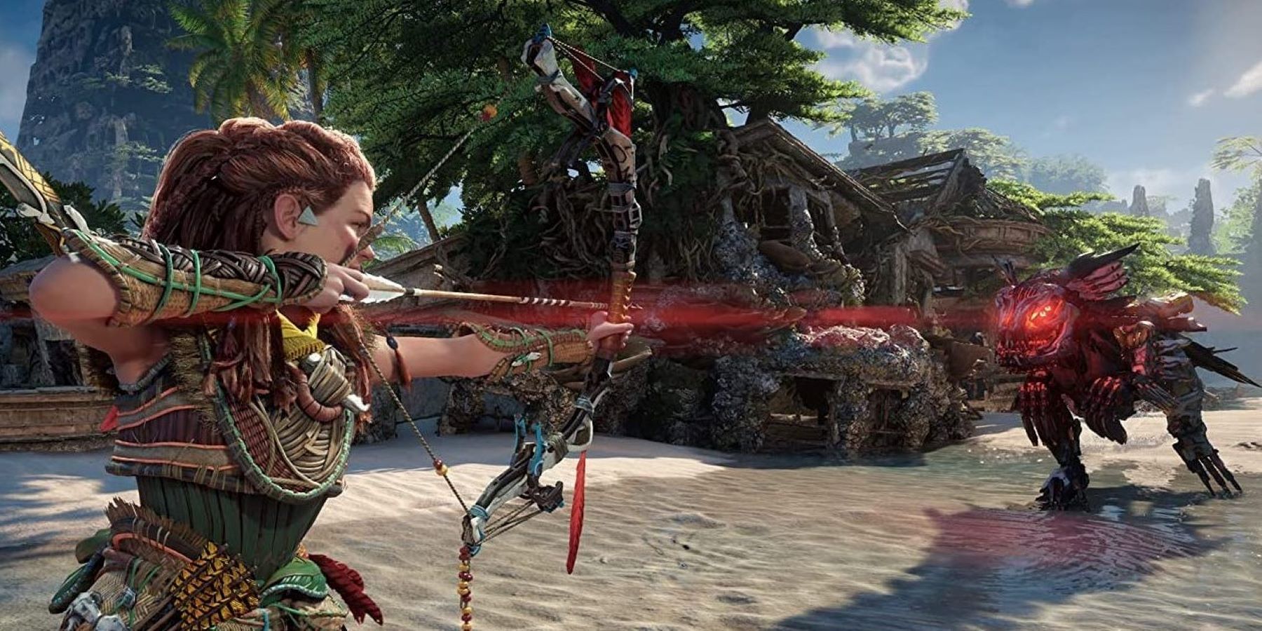 Aloy aiming her bow at a Clawstrider on a beach near some ruins and trees in Horizon Forbidden West