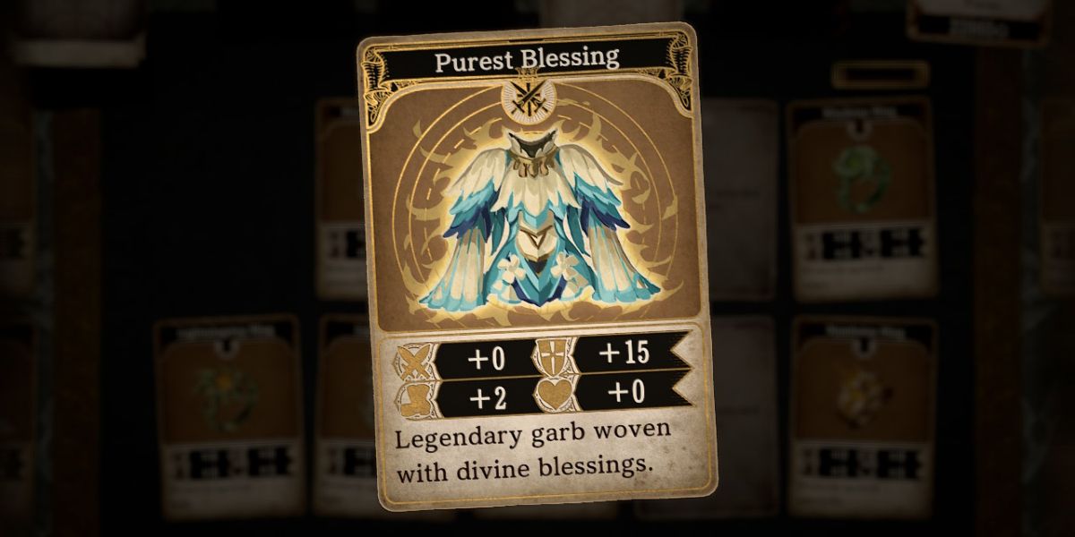 a card titled Purest blessing with a picture of a blue and white gown that has ruffles that look like feathers