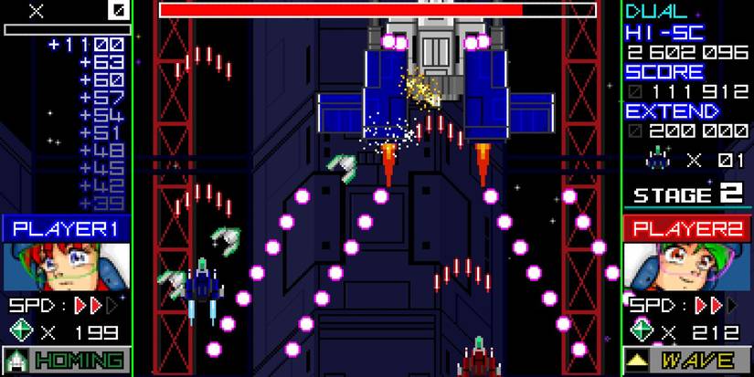Raging Blasters two players firing at large enemy ship