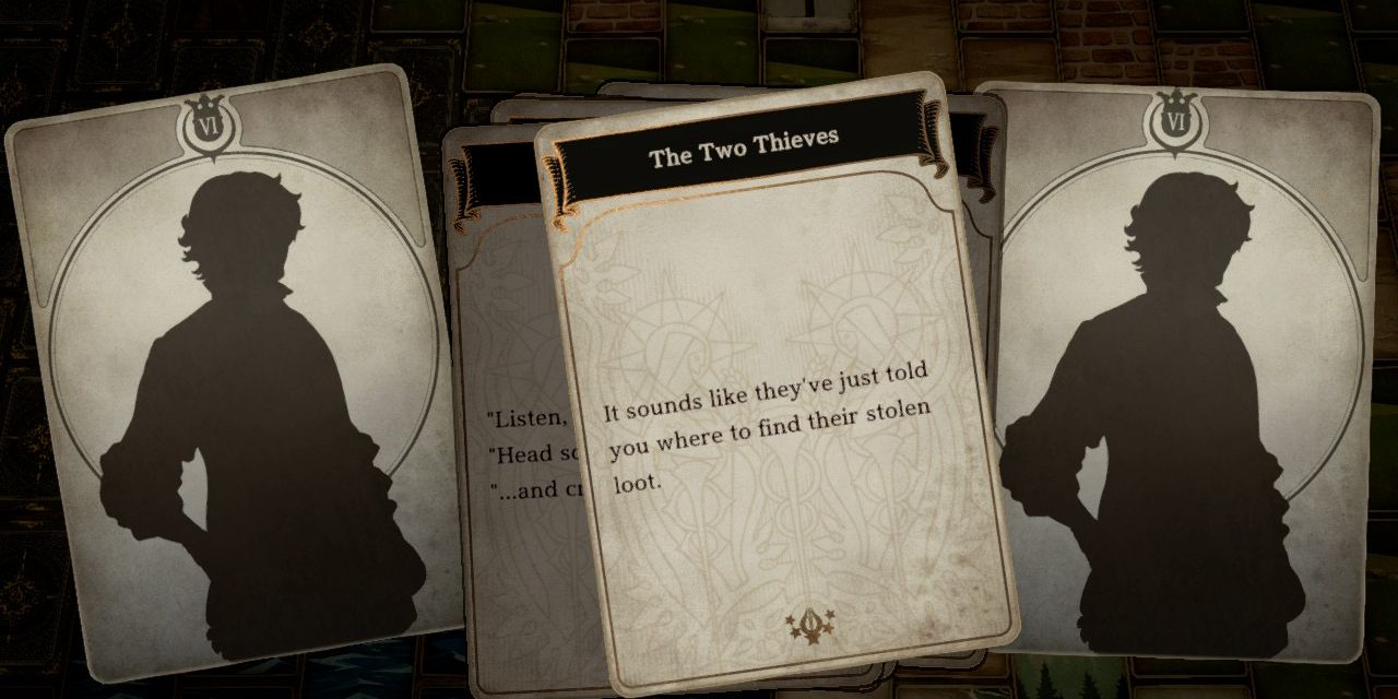 two men in silhouette on either side of a card with their dialogue about hiding treasure