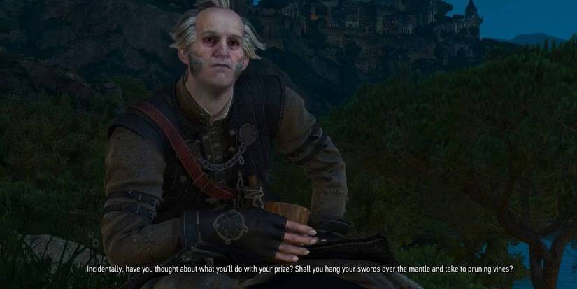 Regis enjoys a drink with geralt in Witcher 3
