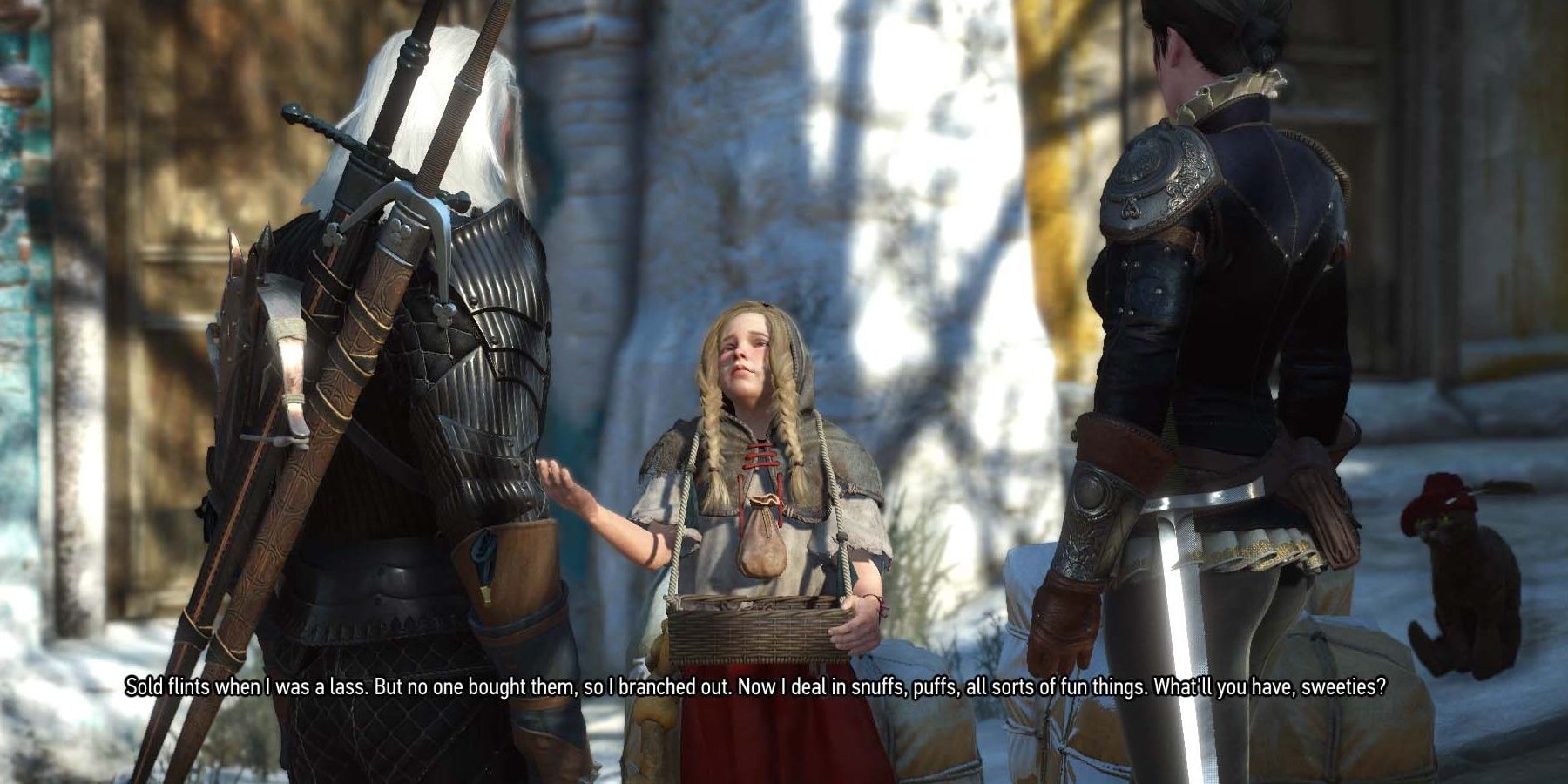 Geralt and Syanna talk to the Ribbon Sales Girl in the Witcher 3