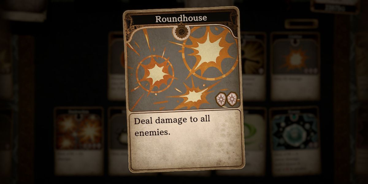 a playing card titled Roundhouse with a picture of several comic book style POW balloons