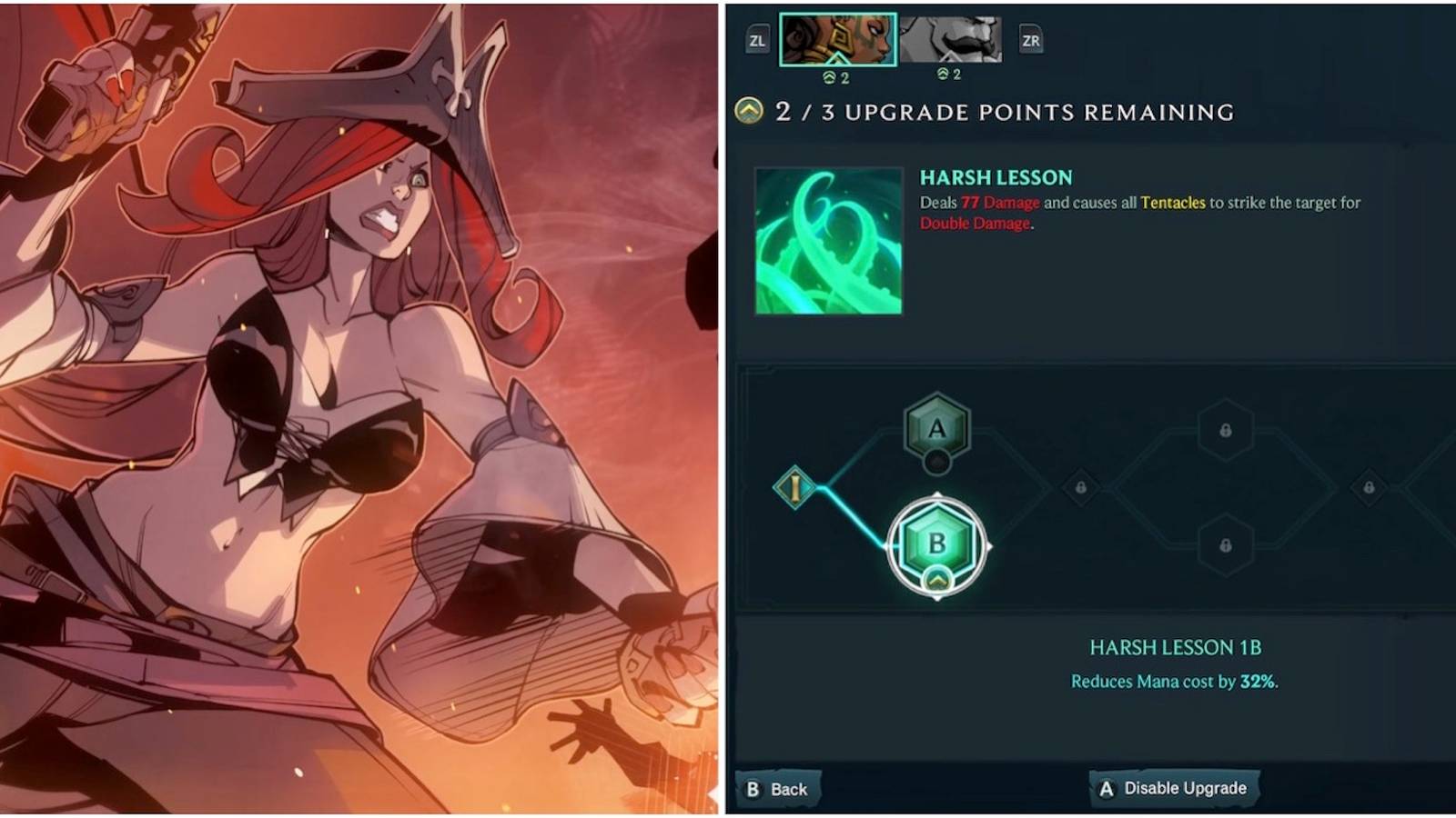 Sarah Fortune and the skill upgrade menu from Ruined King: A League of Legends Story