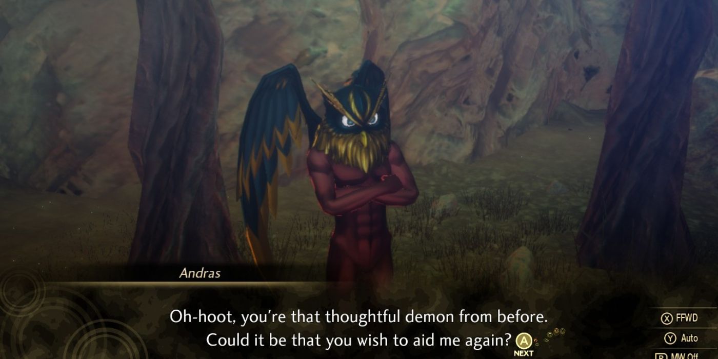 SMT 5 the protagonist talking to a quest-giving Andras